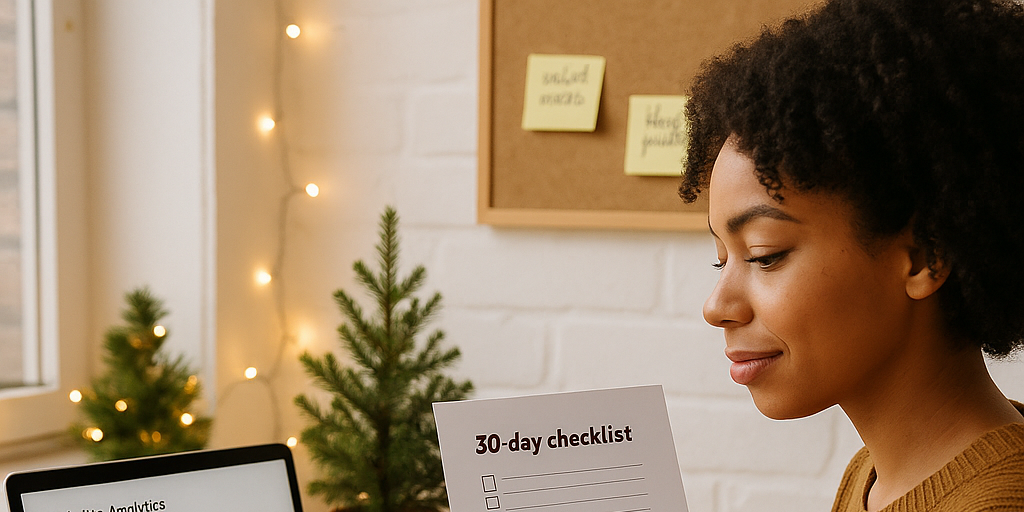 A small business desk in December with a laptop showing analytics, a printed 30‑day checklist, sticky notes, and cocoa beside subtle holiday decor.